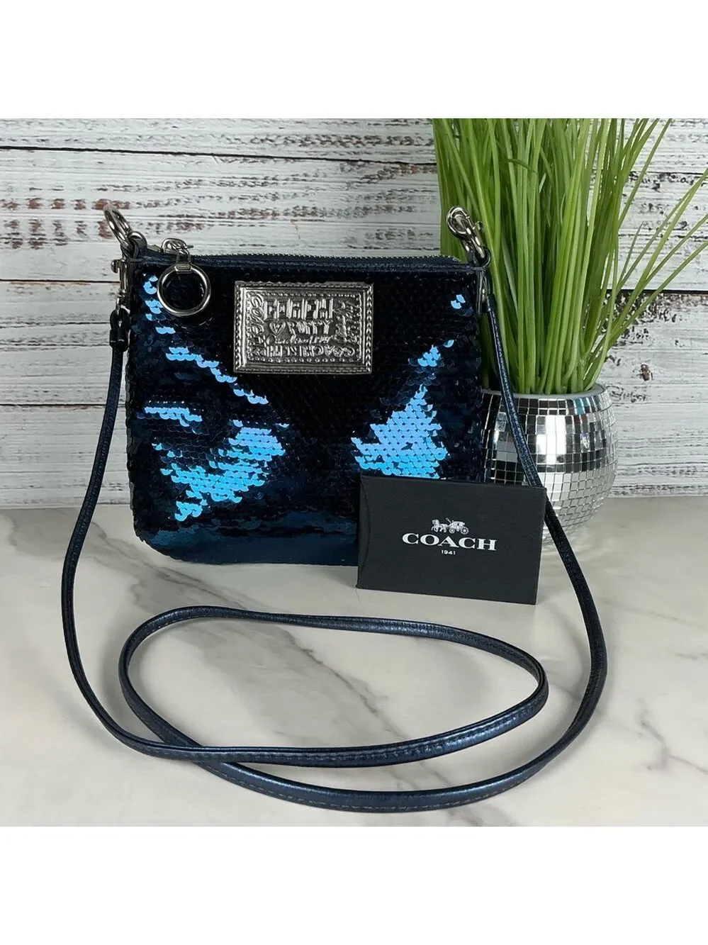 Coach Vintage Poppy Sequins Metallic Blue Sequin‎ Crossbody Bag